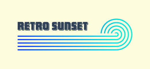 Vintage colorful sunset. Various gradient striped sunrise badges in 80s and 90s style. Sun and ocean view, summer vibes, surfing. Design element for print, logo or t-shirt. Vector illustration