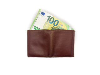 Open brown leather wallet with EURO bills isolated on white background, wealth concept, money, wallet, cash, finance, purse, payment. High quality photo