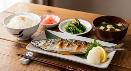 秋の味覚の代表、香ばしく焼いた秋刀魚の塩焼き定食
