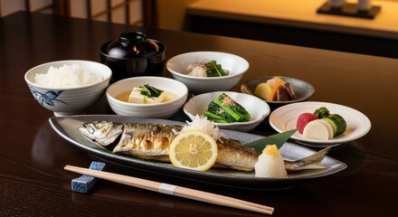 大根おろしを添えた日本の秋の家庭料理、サンマの塩焼き