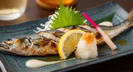 薬味を添えた秋刀魚の塩焼きのクローズアップ