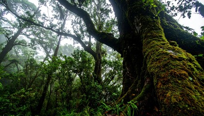Lush, misty forest scene showcases a towering, moss-covered tree trunk reaching into the canopy.