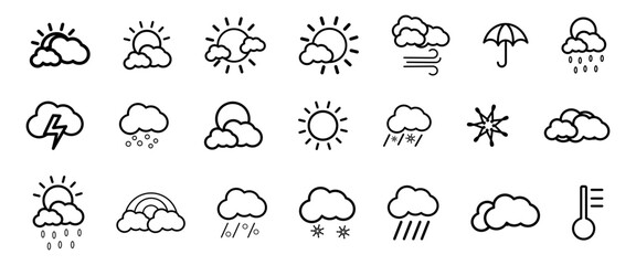 20 minimal black outline symbols representing sun, clouds, rain, snow, storm, rainbow, wind, and temperature. Perfect for mobile apps, websites, UI/UX design, forecasts, and infographics