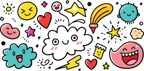 Vector art of collection of cute cartoon characters and doodle elements