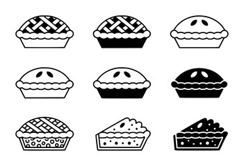 Nine Pie Icons With Various Crust Designs And Fillings On White Background dessert
