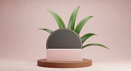 Elegant minimalist product display stage with vibrant green plant backdrop
