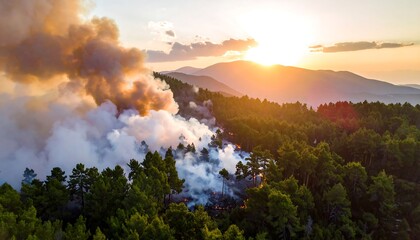 Aerial view of wildfire sunset mountain