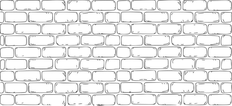 Seamless pattern of a hand-drawn brick wall in black and white masonry construction