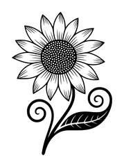 Stylized black and white sunflower with swirling stem and leaf bloom blossom © Vectory Icons