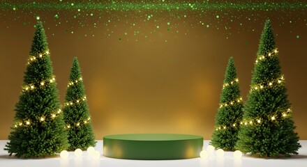 Christmas trees with lights and podium for product display, festive holiday