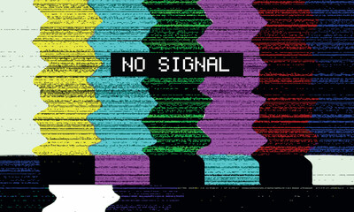Analog television glitch art background with colorful static and no connection error