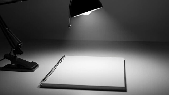A black adjustable desk lamp illuminates a closed notebook on a surface