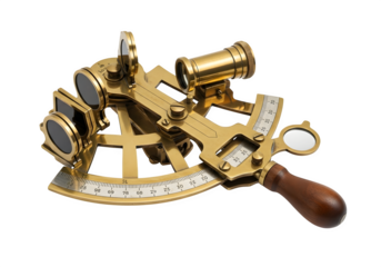 Antique brass sextant navigational instrument isolated on transparent background, a vintage tool for maritime exploration and nautical travel