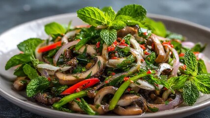 Mouthwatering Mushroom Salad: A close-up view of a vibrant and appetizing mushroom salad, brimming with fresh ingredients and enticing flavors.