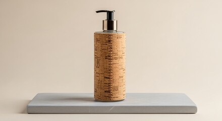 Modern cork soap dispenser on a minimalist stone platform, elegant design