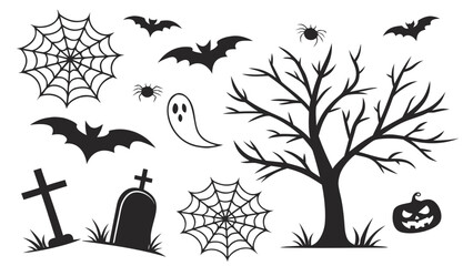 Halloween vector illustration set of icons with trees leaves and floral elements