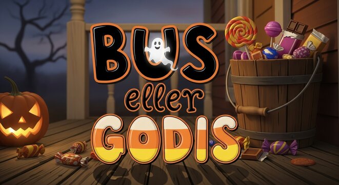 Spooky Sweet Halloween: Vibrant 'Bus eller Godis' (Trick or Treat in swedish) lettering against a charming trick-or-treat doorstep.
