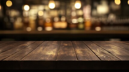 Rustic wooden table against blurred bar background evening setting low angle view cozy atmosphere