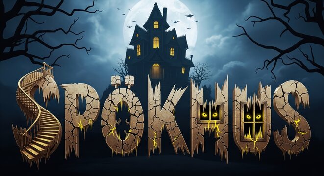 A spooky Halloween haunted house. The central image is a menacing, dilapidated mansion, with the swedish word "SP&Ouml;KHUS" in tall