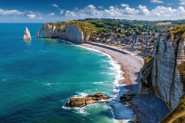 Naklejka premium Panoramic view of scenic cliffs along the coastline with vibrant waters and beach activity on a sunny day