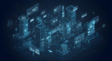 Futuristic Digital Cityscape Advanced Technology Network, Cyberpunk Infrastructure, and Data Visualization in a Modern Urban Setting
