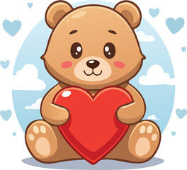 Obraz premium Cute teddy bear holding a red heart in flat cartoon vector style