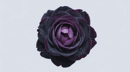 Dark black rose with water droplets against a soft blue background