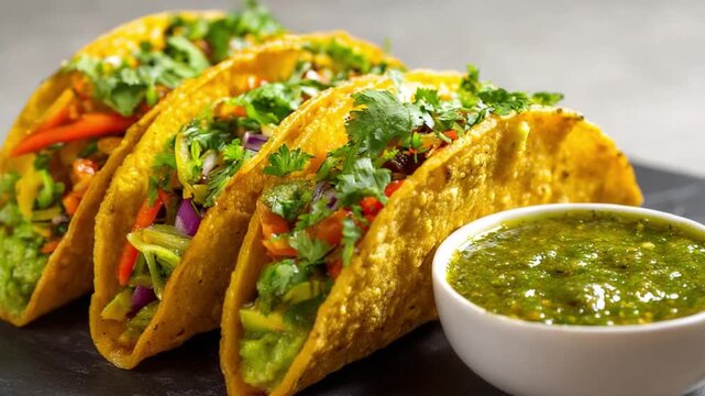 Tacos Fiesta: A mouthwatering quartet of perfectly crafted tacos, bursting with fresh, colorful fillings, served alongside a vibrant, zesty green sauce.