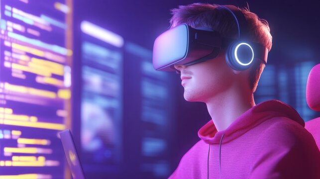 Engaging virtual reality experience modern workspace digital content futuristic environment close-up view technology innovation