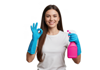 Young woman wearing blue cleaning gloves and holding a pink spray bottle, giving an ok sign, isolated on transparent background