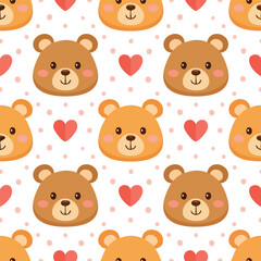 Fototapeta premium Cute teddy bear faces repeating pattern with hearts and polka dots, kawaii background style