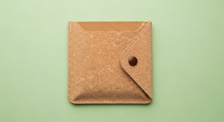 Stylish cork wallet on mint green background with button closure and texture