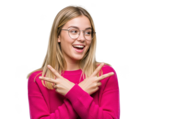 Happy young woman with blonde hair wearing glasses and a pink sweater, making a peace sign with her hands, isolated on transparent background