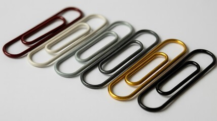Assorted Colored Paperclips Lined Up on White Background