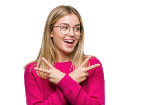 Happy young woman with blonde hair wearing glasses and a pink sweater, making a peace sign with her hands, isolated on transparent background
