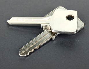 Two metallic keys rest on a dark surface