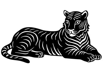 Fototapeta premium Tiger Lying Silhouette Linocut | Resting Jungle Cat SVG