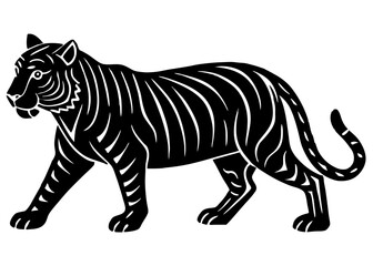 Tiger Walking Silhouette Linocut | Wildlife Jungle SVG