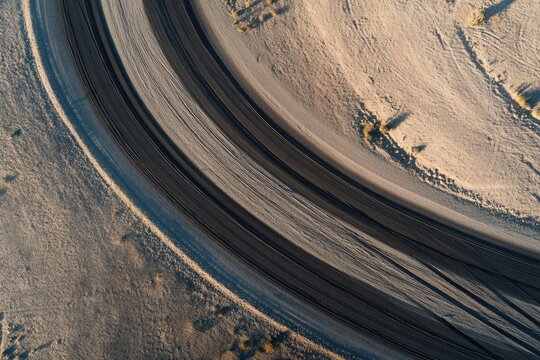 Aerial view of a curving race track on sandy terrain