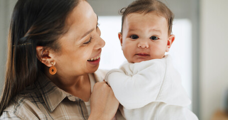 Family, happy and mom with baby in home for bonding, loving relationship and child development. Motherhood, living room and portrait of infant with mother for support, affection and relax together