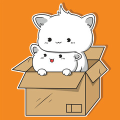 Cute White Cats in Cardboard Box Vector Illustration