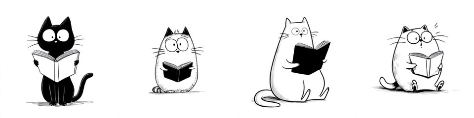 Cute cartoon cats reading books in black and white sketches, playful animal illustrations for children, learning and education themes, whimsical design, minimalistic art style
