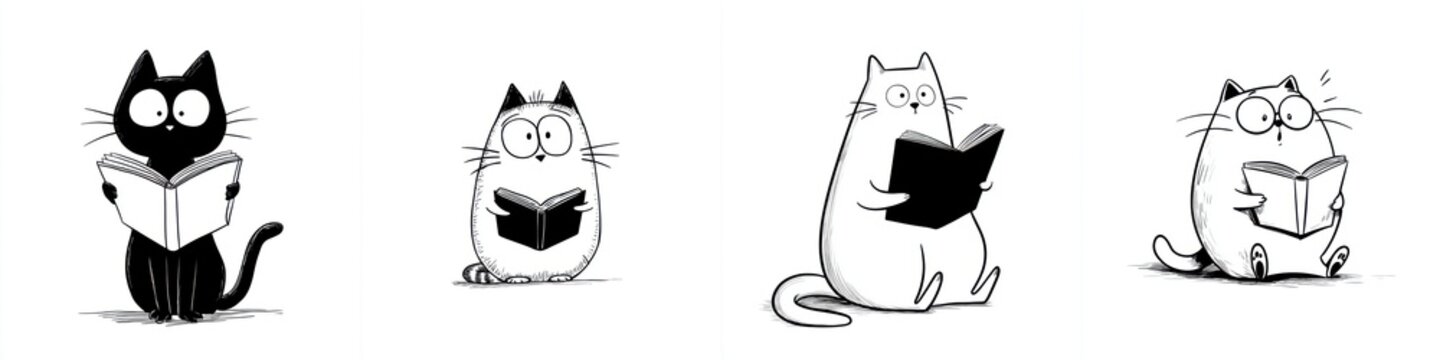 Cute cartoon cats reading books in black and white sketches, playful animal illustrations for children, learning and education themes, whimsical design, minimalistic art style