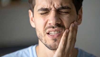 A young man suffering from an intense toothache, holding his cheek and grimacing from the severe dental pain