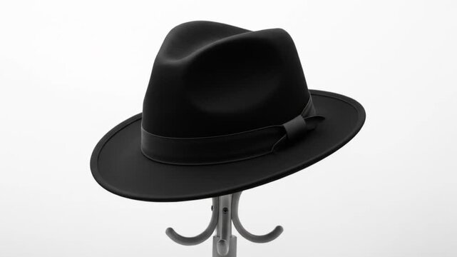 A black fedora hat rests on a silver coat rack against a white background