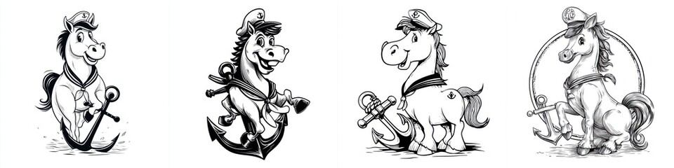 Set of four playful cartoon horses dressed as sailors with anchors and ships, black and white sketches perfect for nautical themes, children's illustrations, or maritime stories