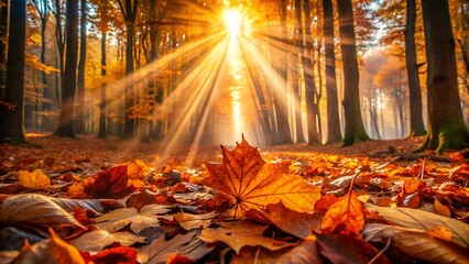 Sunbeams shining through trees in an autumn forest with fallen leaves on the ground