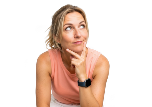 A thoughtful blonde woman with her finger on her chin, looking up and contemplating an idea, isolated on transparent background - Powered by Adobe
