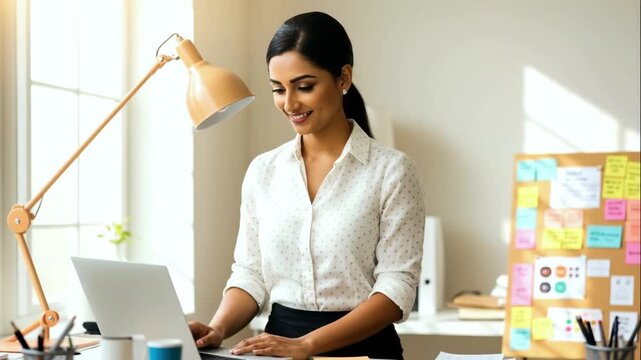 A beautiful young Indian woman smiles as she types on her laptop at a table by the window in a cozy, bright room, with colorful stickers in the background, representing the concept of remote work