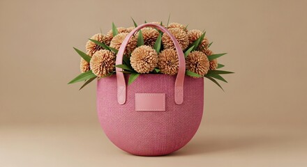 Stylish pink handbag overflowing with vibrant flowers, perfect for gifts or events